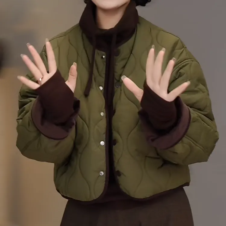 【闹闹设计】加厚保暖棉服外套女冬季新款宽松设计复古撞色慵懒风圆领棉衣上衣