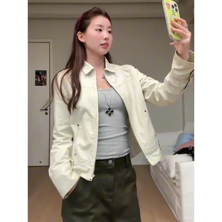 韩版短款窄版设计工装外套女2025新款修身休闲纽扣机车夹克上衣潮