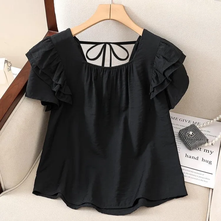 2025夏季新款女士宽松大码荷叶边短袖系绳雪纺上衣法式甜美衬衫潮