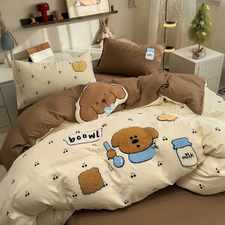 学生宿舍单人加厚被罩床上用品新款卡通水洗棉毛巾绣四件套被套