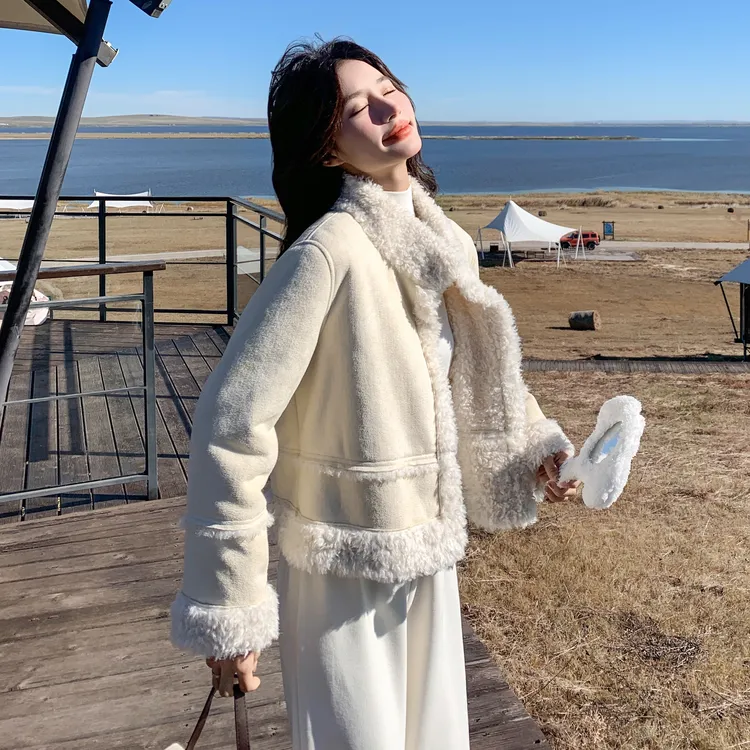 杏色两面穿羊羔毛短外套女2025秋冬韩系温柔风小个子减龄毛毛上衣