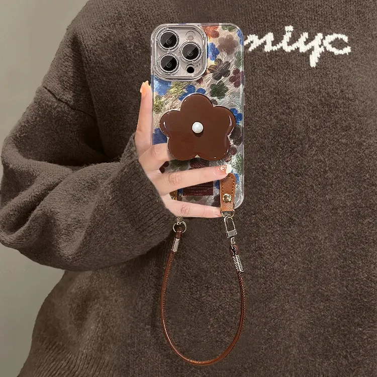 复古花支架适用苹果15华为vivo/oppo小米iPhone精孔冰川纹手机壳