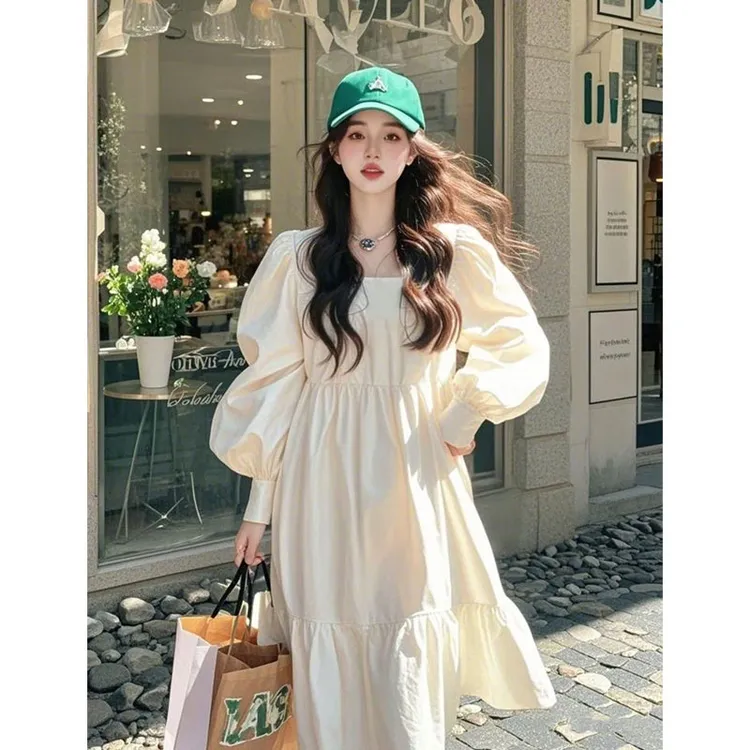法式宫廷风方领收腰系带连衣裙女春季新款宽松泡泡袖层层蛋糕长裙