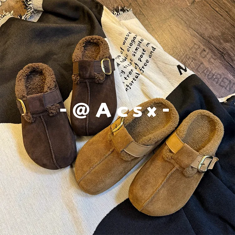 【阿茶】加厚吐司~头层牛皮/跟高5CM /秋冬新款加绒博肯拖鞋女