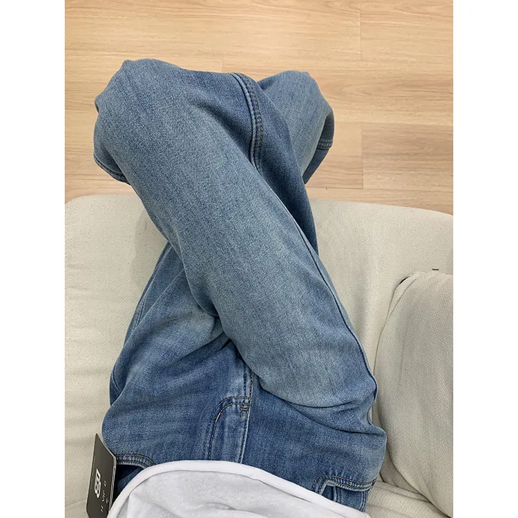 浅色窄版阔腿牛仔裤女秋季2025新款加绒高腰直筒宽松显瘦拖地裤