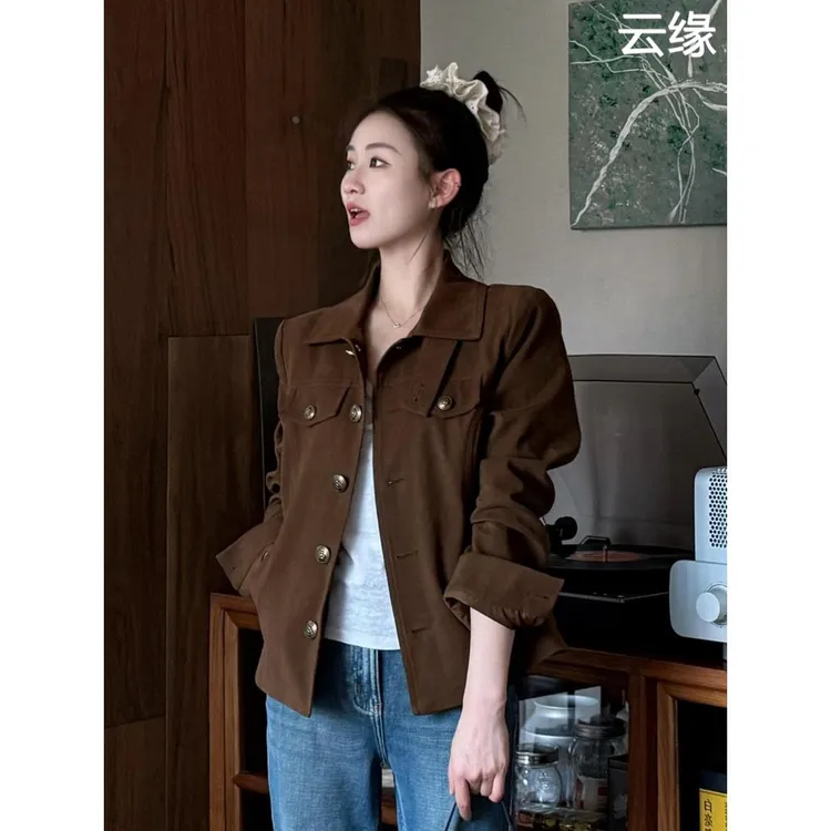 韩系棕色短款外套女款小个子秋季新款高级感覆古翻领工装夹克上衣