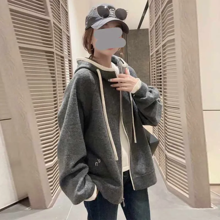 秋冬新款高级感宽松慵懒风撞色口袋连帽字母en卫衣外套