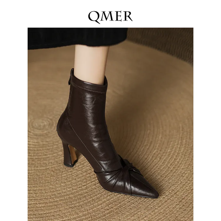 Qmer 尖头细跟短靴女韩版气质时尚弹力瘦瘦靴百搭2025新款