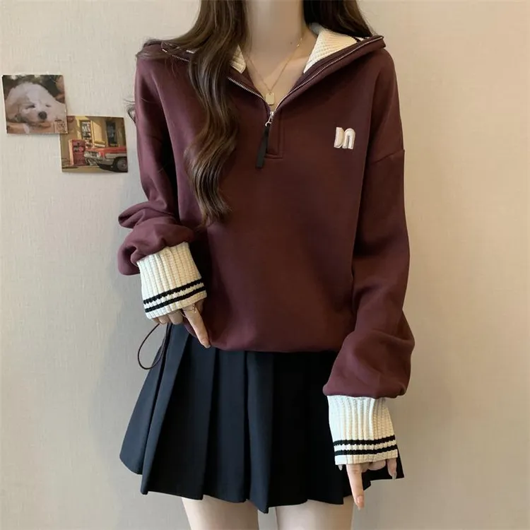 美式领卫衣外套女秋冬大码胖显瘦宽松设计感半拉链短款上衣