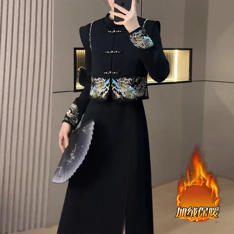 【加绒加厚】新中式国风复古收腰显瘦连衣裙女冬季重工刺绣马甲女