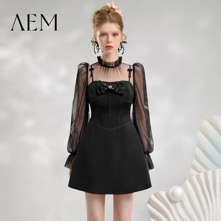 AEM-Y2025新款秋季性感风长袖连衣裙收腰黑色法式千金风 CM710081