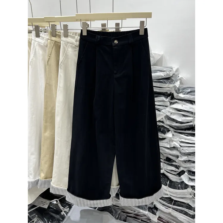 欧货纯色休闲裤高腰宽松显瘦阔腿裤女2025早春新款条纹拼接九分裤