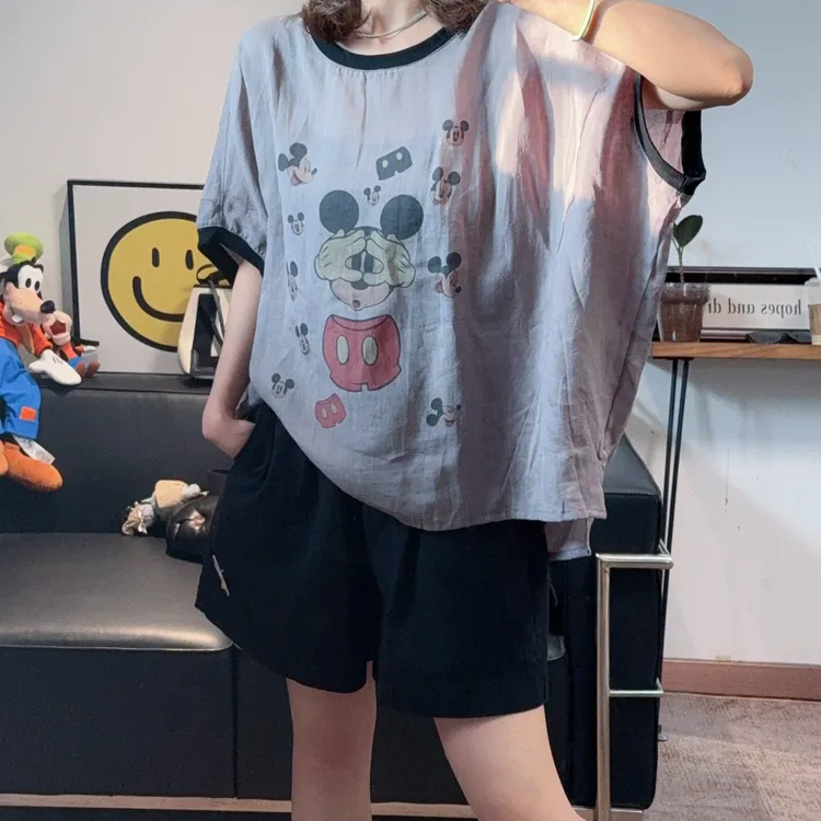 夏季新款超洋气苎麻阔版捂眼米奇圆领T恤女宽松显瘦后背半拉链