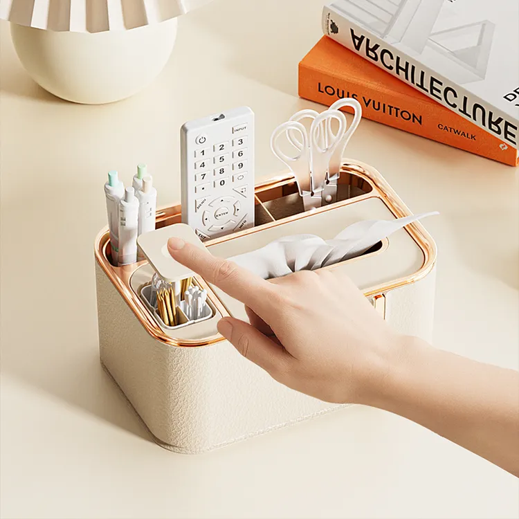 纸巾盒内置牙签棉签多功能收纳盒中古风客厅卧室卫生间皮纹抽纸盒