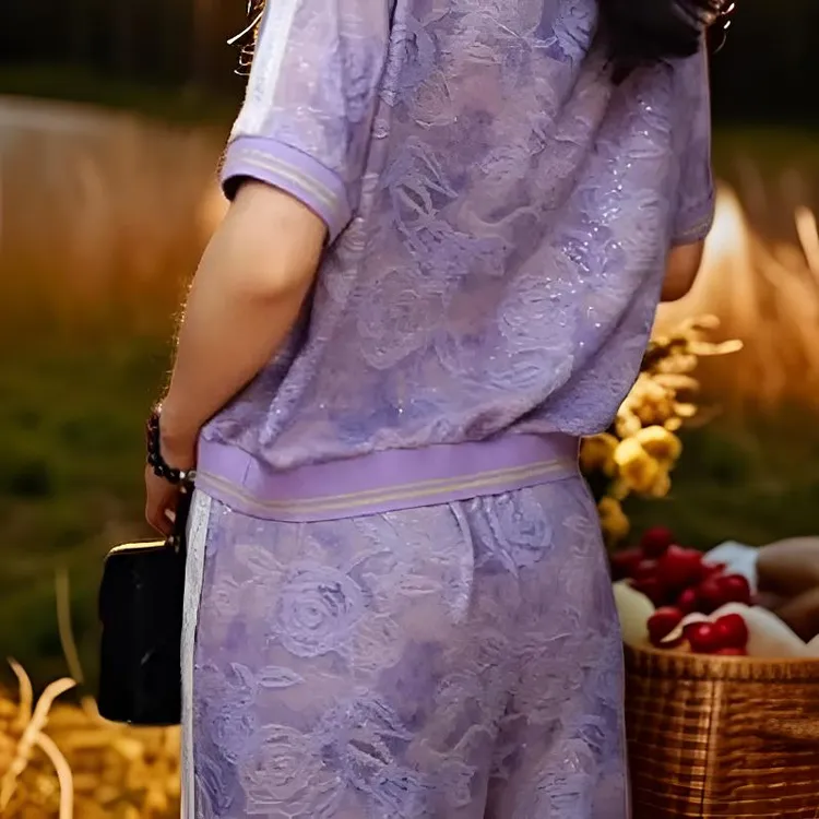 显瘦神器！2025夏女紫色短袖配阔腿裤印花潮套装