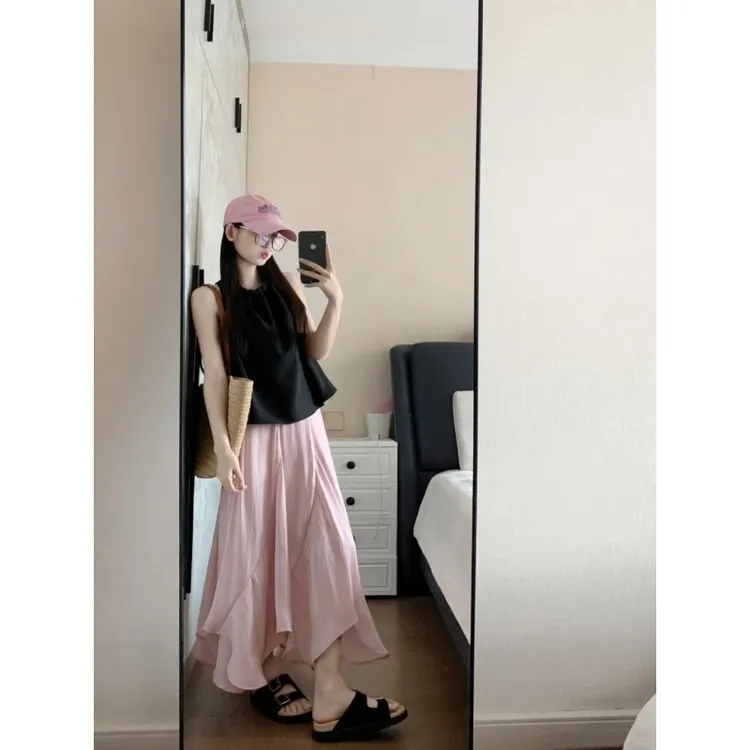 韩系夏装搭配一整套时尚娃娃衫上衣粉色不规则半身裙两件套盐系
