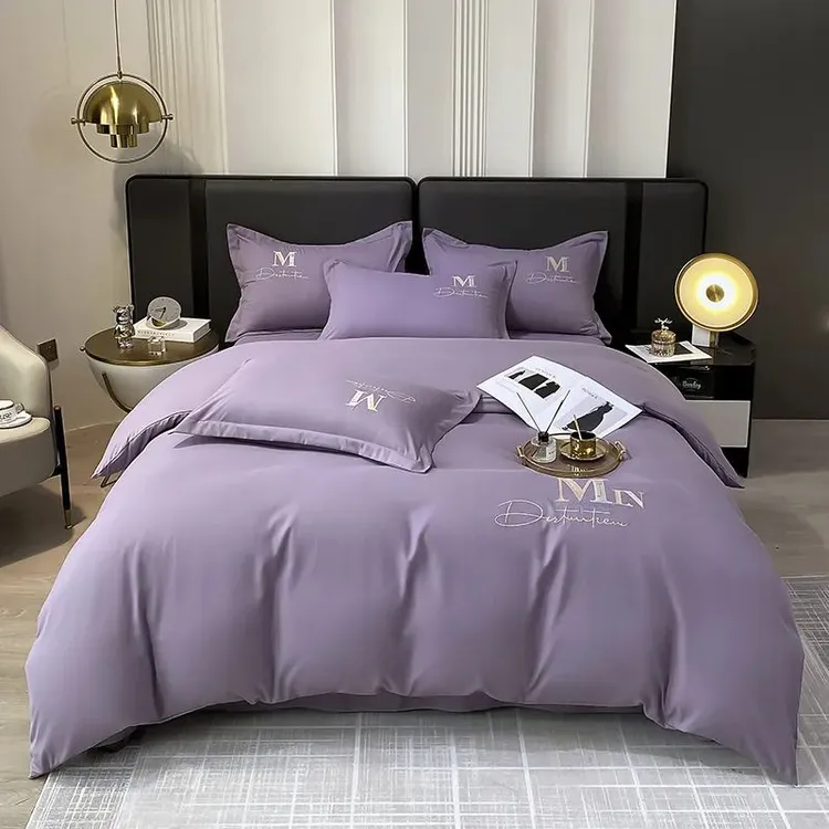 纯色长绒棉刺绣四件套秋冬简约床单被套四件套保暖刺绣款