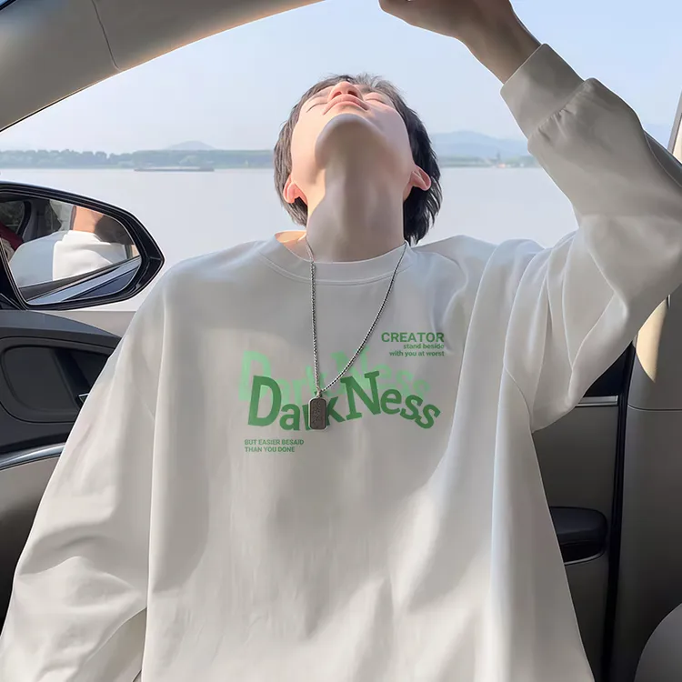 港风秋季港风纯棉男士T恤春秋季潮流百搭长袖印花打底衫