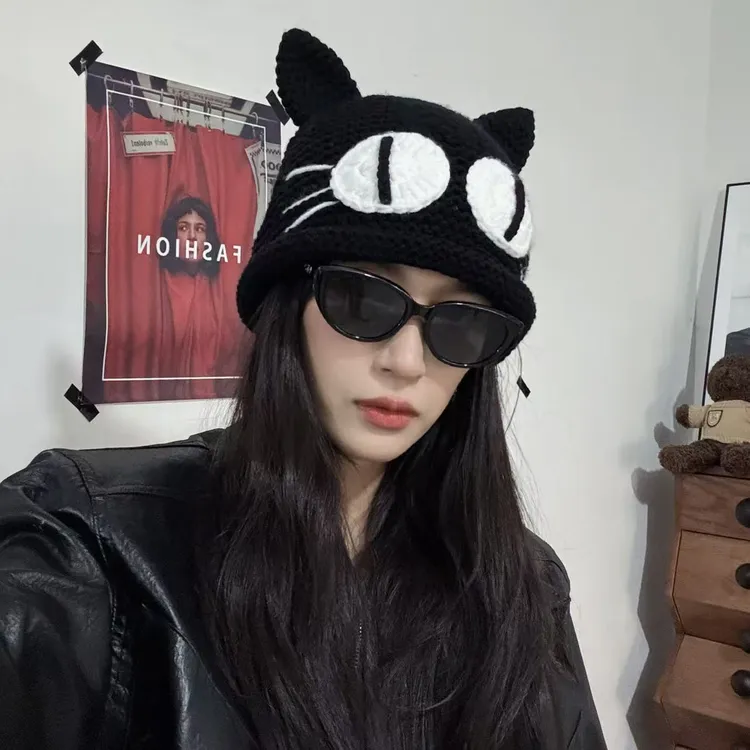 可爱猫咪针织毛线帽秋冬季加厚保暖护耳帽大头围冷帽情侣百搭盆帽