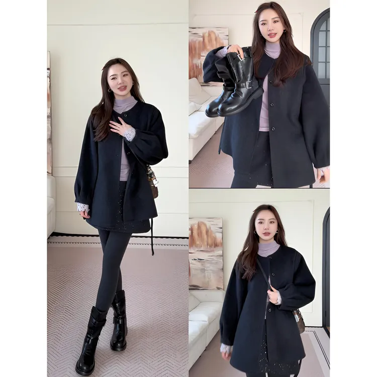 【余欢欢】冬季韩系百搭腰带花苞袖圆领羊毛大衣-YHW51236