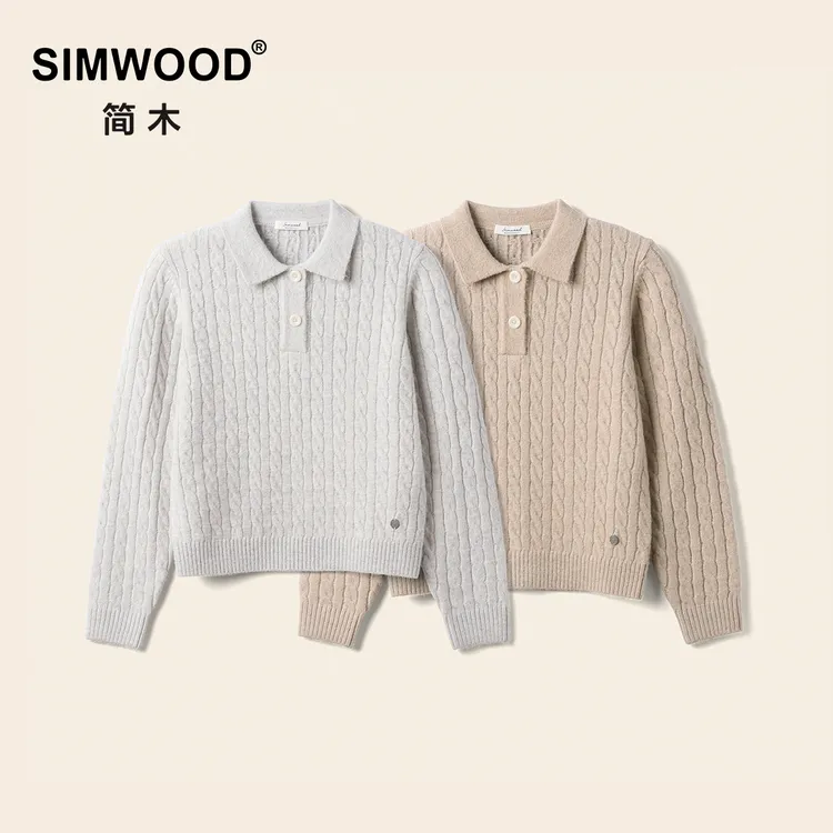 SIMWOOD/简木【女装版型】7针羊毛混纺防静电扭花翻领毛衣S12250779