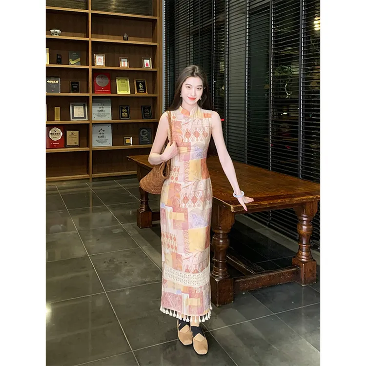 凌茜【蝉鸣之夏】新中式立领无袖中国风流苏花色收腰显瘦旗袍连衣裙