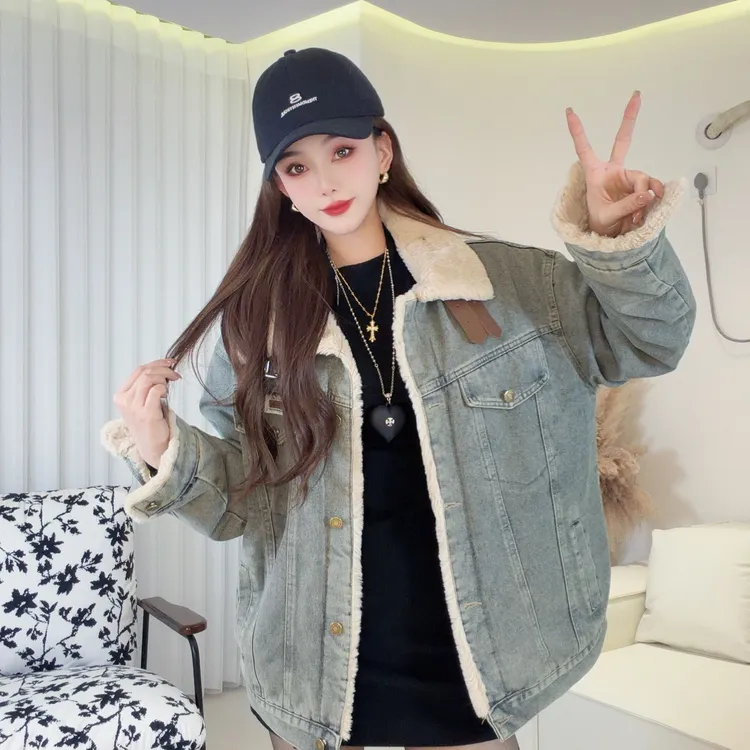 加绒加厚牛仔外套女冬季2025新款韩系小众小个子棉衣棉服1017#