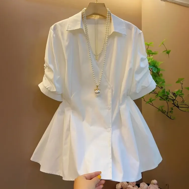 大码女装白色短袖衬衫女2025夏季新款显瘦胖妹妹胖mm气质收腰上衣