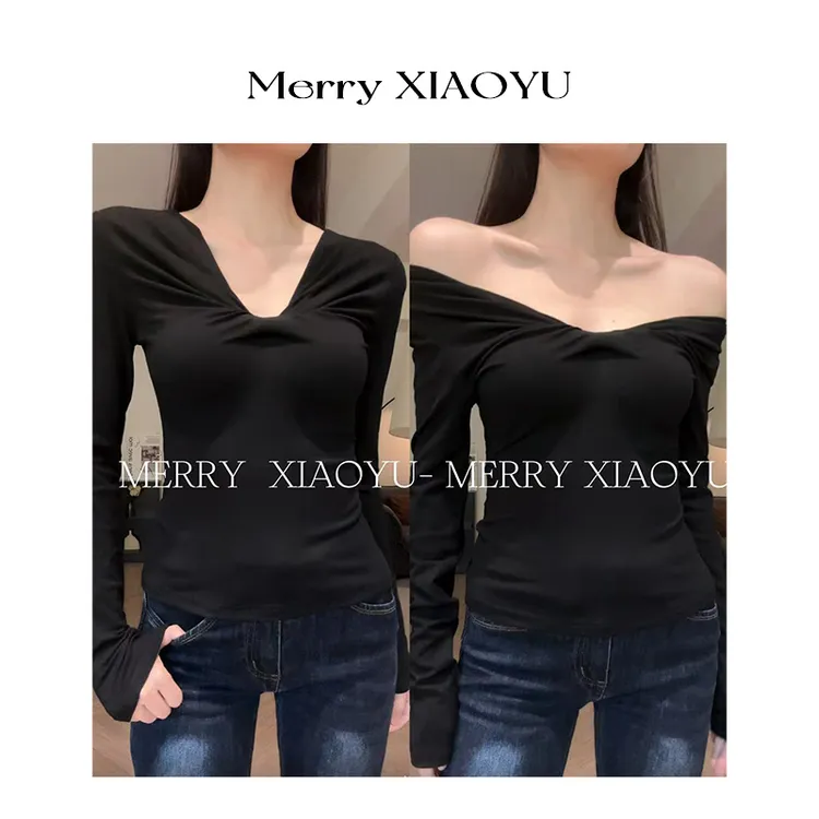 【小鱼】辣妹V领打褶设计感长袖时尚小众显瘦百搭气质黑色修身上衣