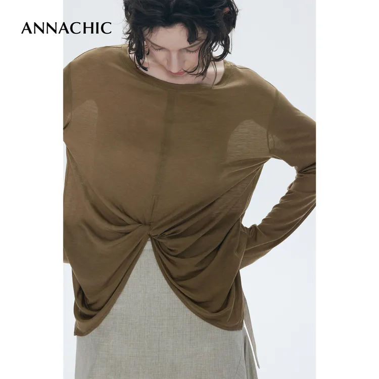 ANNACHIC正反两穿_微透空气感扭结开叉长袖T恤女宽松防晒罩衫上衣