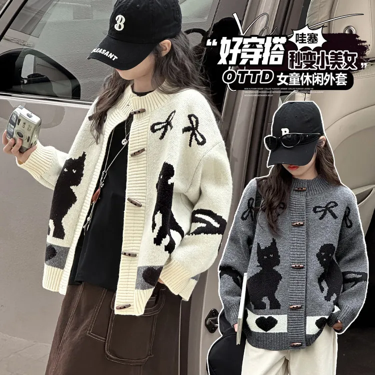 女童秋冬新款韩系小猫蝴蝶结毛衣中大童女孩甜美休闲针织衫9-15岁