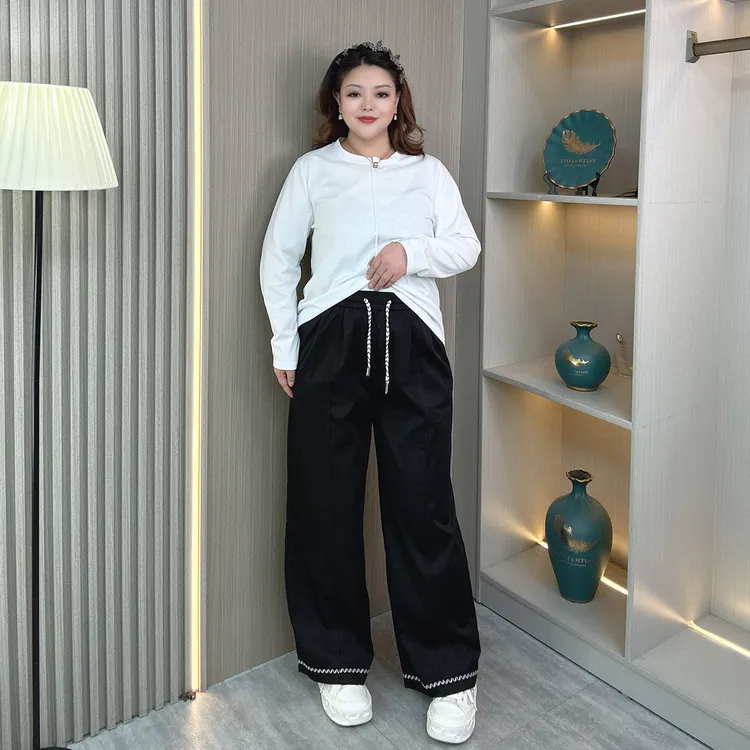 大码胖mm显瘦早秋阔腿裤宽松显瘦春秋新款松紧腰裤子女直筒休闲裤