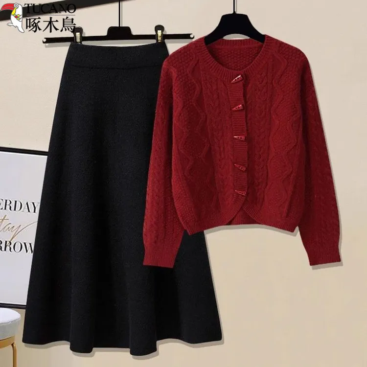 啄木鸟秋冬时尚针织衫女气质百搭毛衣开衫新款毛呢半身裙伞裙套装