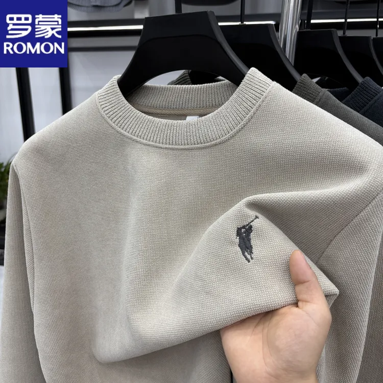 罗蒙冬季加绒卫衣中年加厚秋冬款男士刺绣打底衫圆领长袖T恤上衣