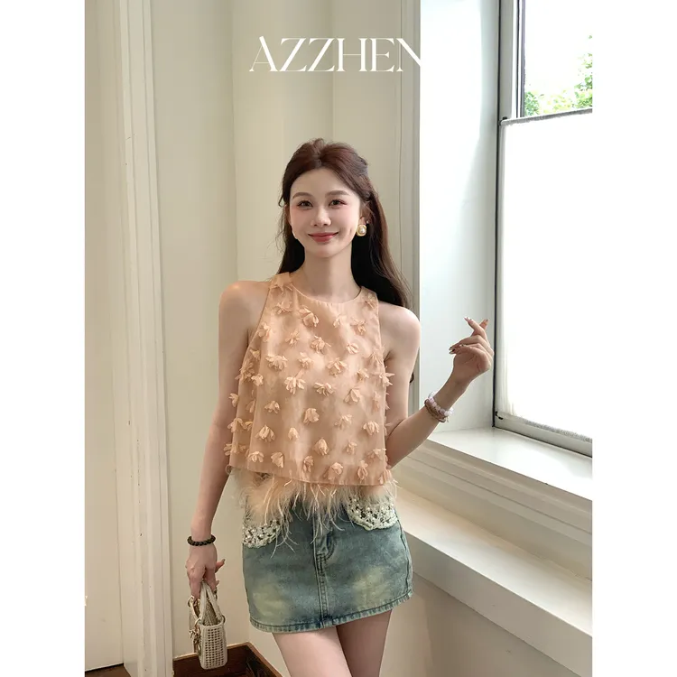 AZZHEN【花房信笺】 法式名媛钉珠花朵鸵鸟毛背心AZ4LSB11-