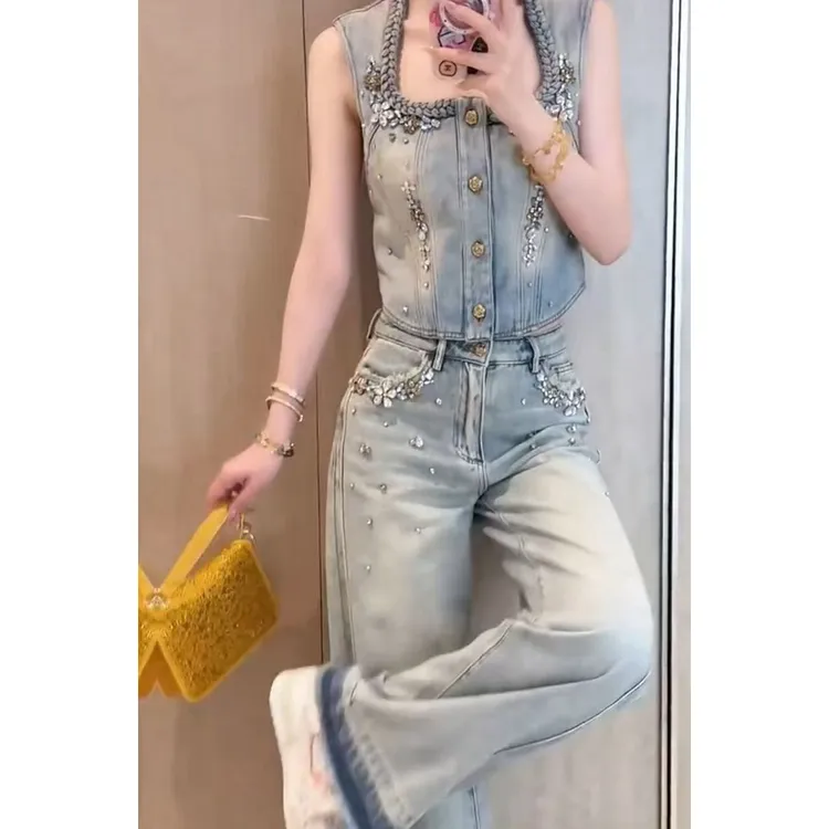 2025春夏季新款重工镶烫钻设计感无袖牛仔上衣裤子洋气显瘦两件套