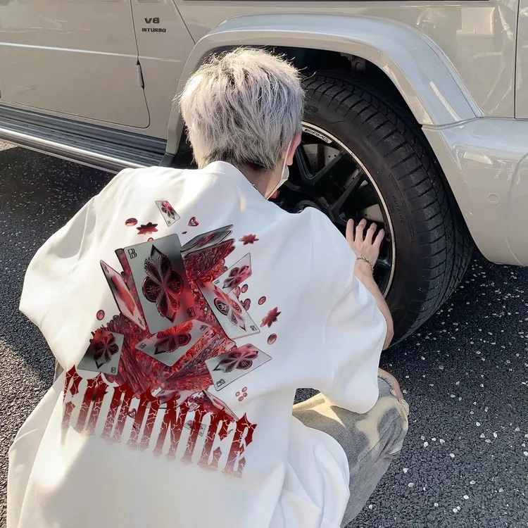 美式重磅纯棉短袖t恤男小众扑克牌印花ins潮流休闲宽松半袖潮上衣