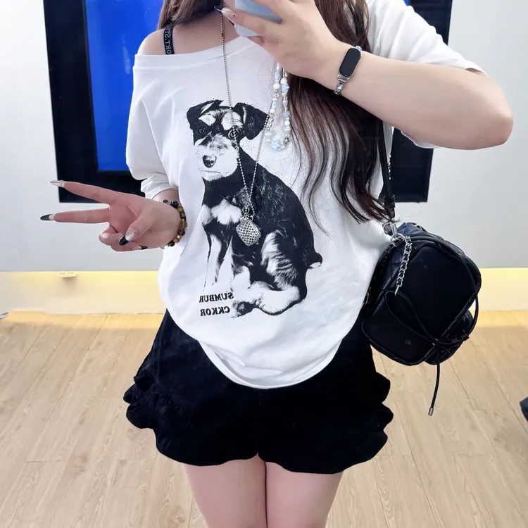【如如】胖MM夏季新款韩版穿搭休闲宽松慵懒风露肩印花设计感短袖T