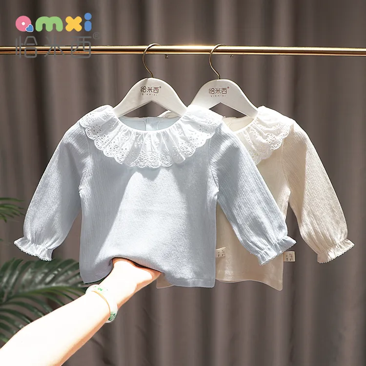 2025秋季女童长袖T恤上衣女宝宝纯棉蕾丝翻领打底衫洋气春秋装