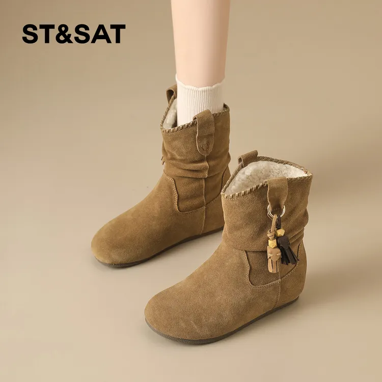 星期六复古勃肯堆堆棉靴女2025冬季加绒褶皱西部靴绒面粗跟短靴子