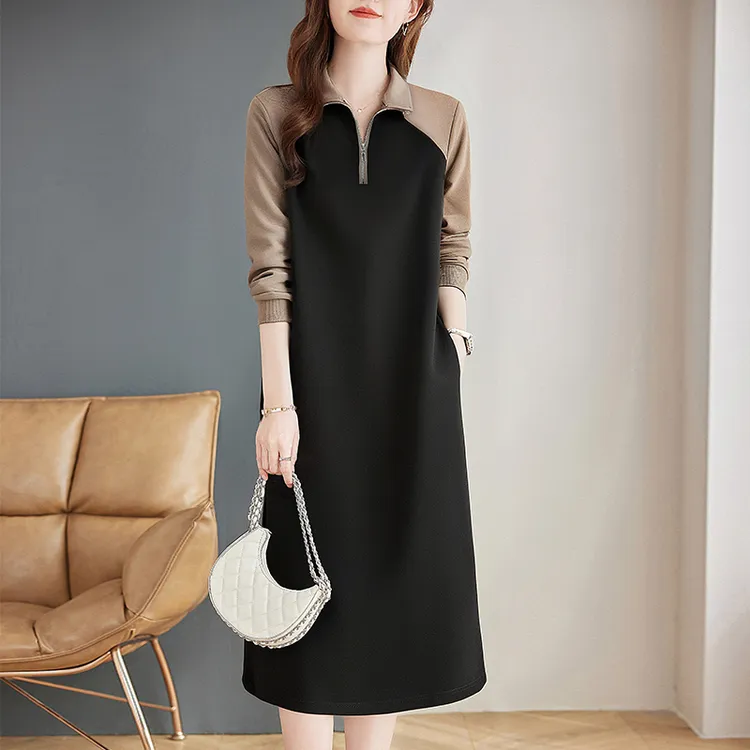 时尚撞色拼接polo领长袖连衣裙女秋装新款气质中长款卫衣裙子大码