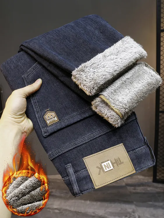 【高品男装】雪狐绒加绒牛仔裤男士冬季加厚保暖潮流小直脚牛仔裤