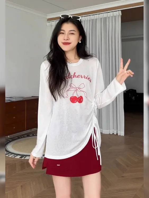 小个子穿搭一整套2025夏季新款气质休闲长袖上衣罩衫红色裙裤女装