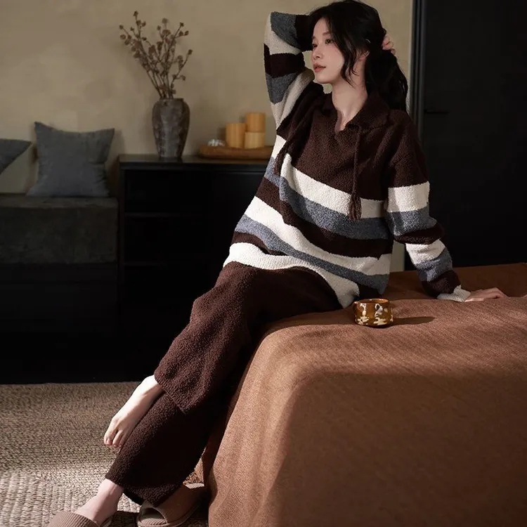 2025年新款半边绒睡衣女士秋冬保暖加厚珊瑚绒可外穿家居服套装