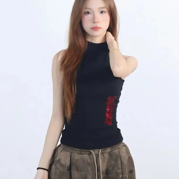 街舞潮牌烫钻蜘蛛半高领背心jazz性感修身显瘦辣妹极简百搭无袖