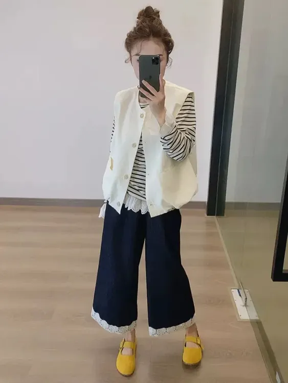大码韩系休闲套装长袖条纹上衣叠穿马甲配阔腿裤