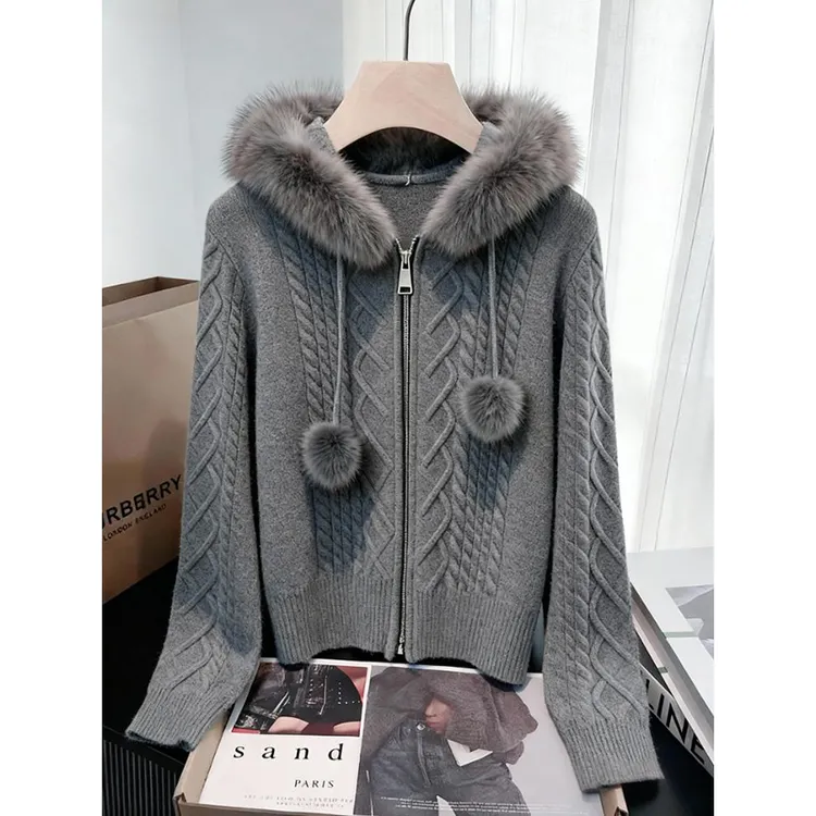 韩式复古慵懒感毛领衫女2025秋冬季新款灰色麻花连帽毛衣上衣