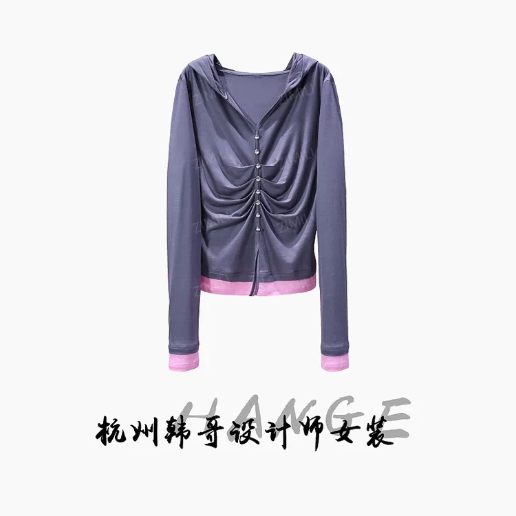 【韩哥女装】2025欧版《婉约》神秘灰拼接钉扣高弹气质上衣8002-E7