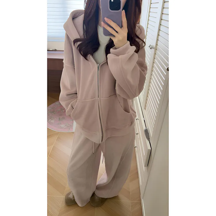 【7色入】秋冬490g双面奥粒绒连帽卫衣外套+加厚阔腿裤套装  C6008