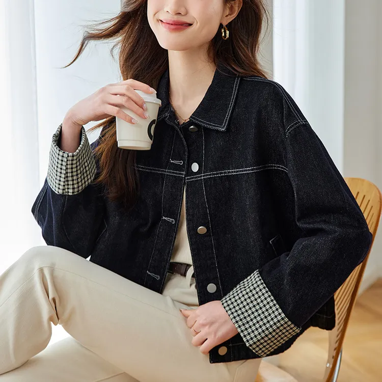 直销设计感格子翻袖牛仔衬衫外套女2025春秋装上衣小个子衬衣